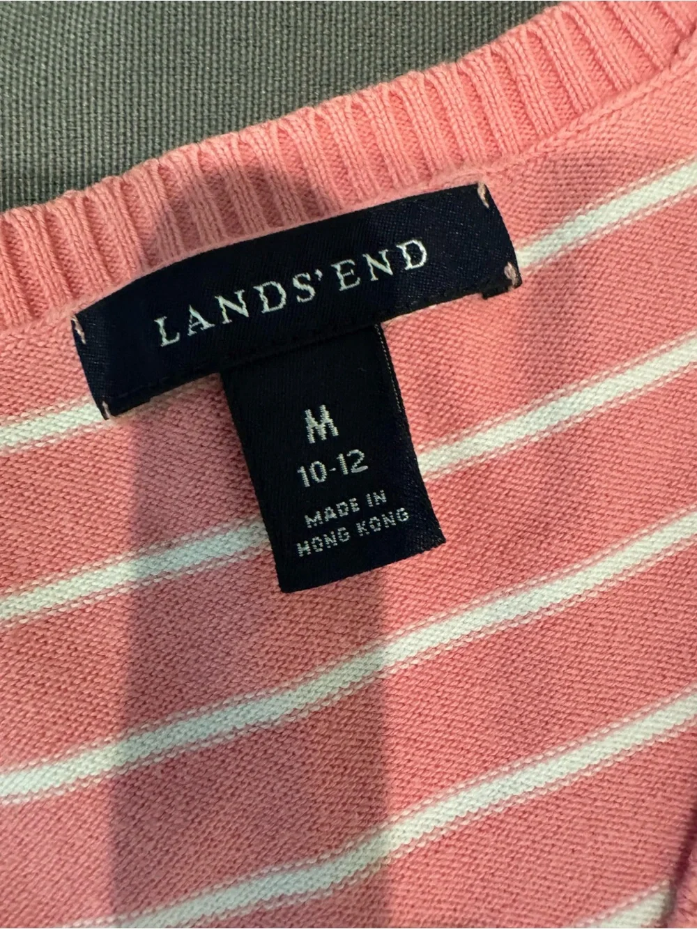 Lands' End Women's Pink and White Striped V-Neck Sweater Medium Casual Coastal